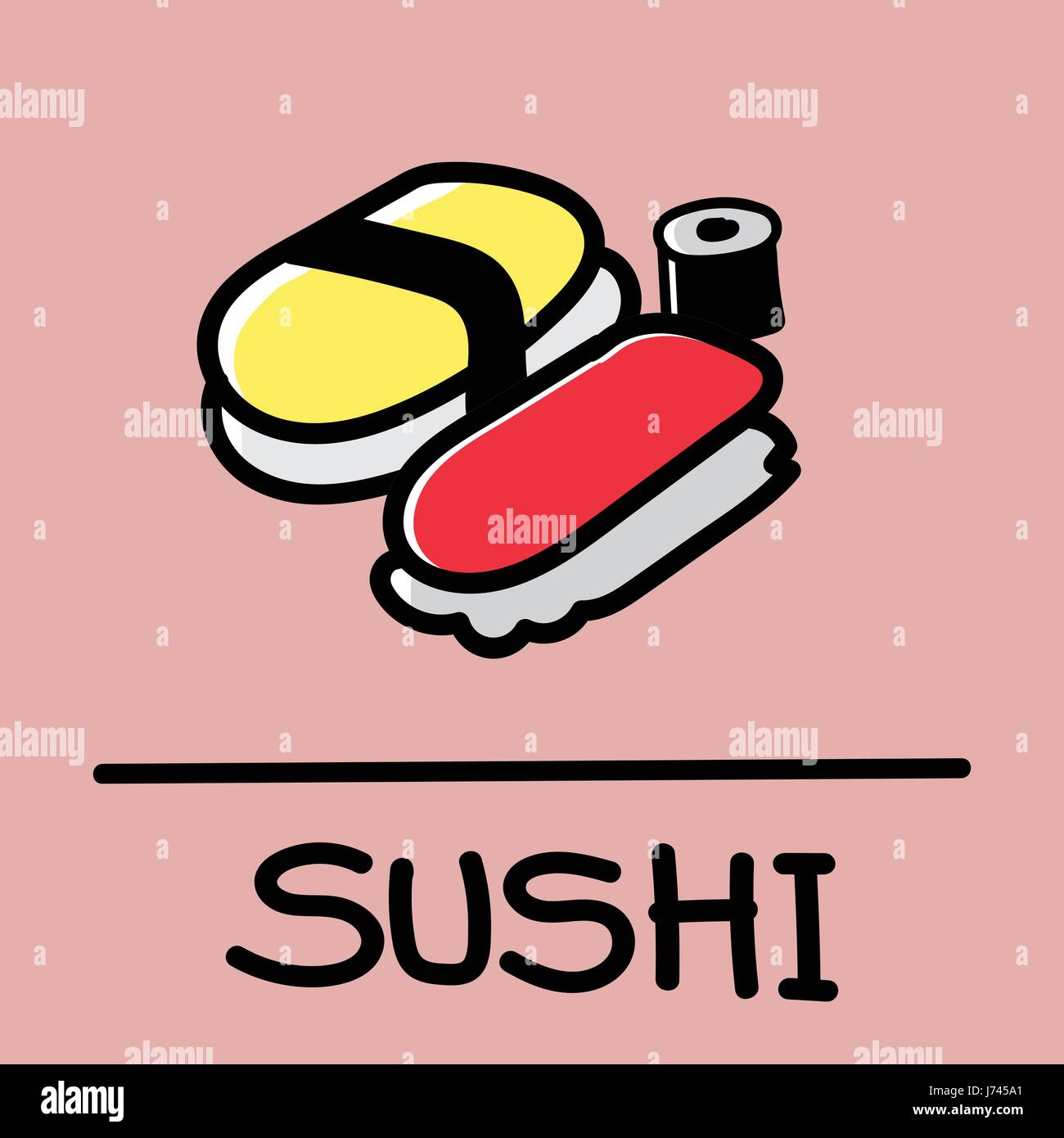 Sushi mignon style dessiné à la main,dessin,hand drawn vector illustration. Illustration de Vecteur