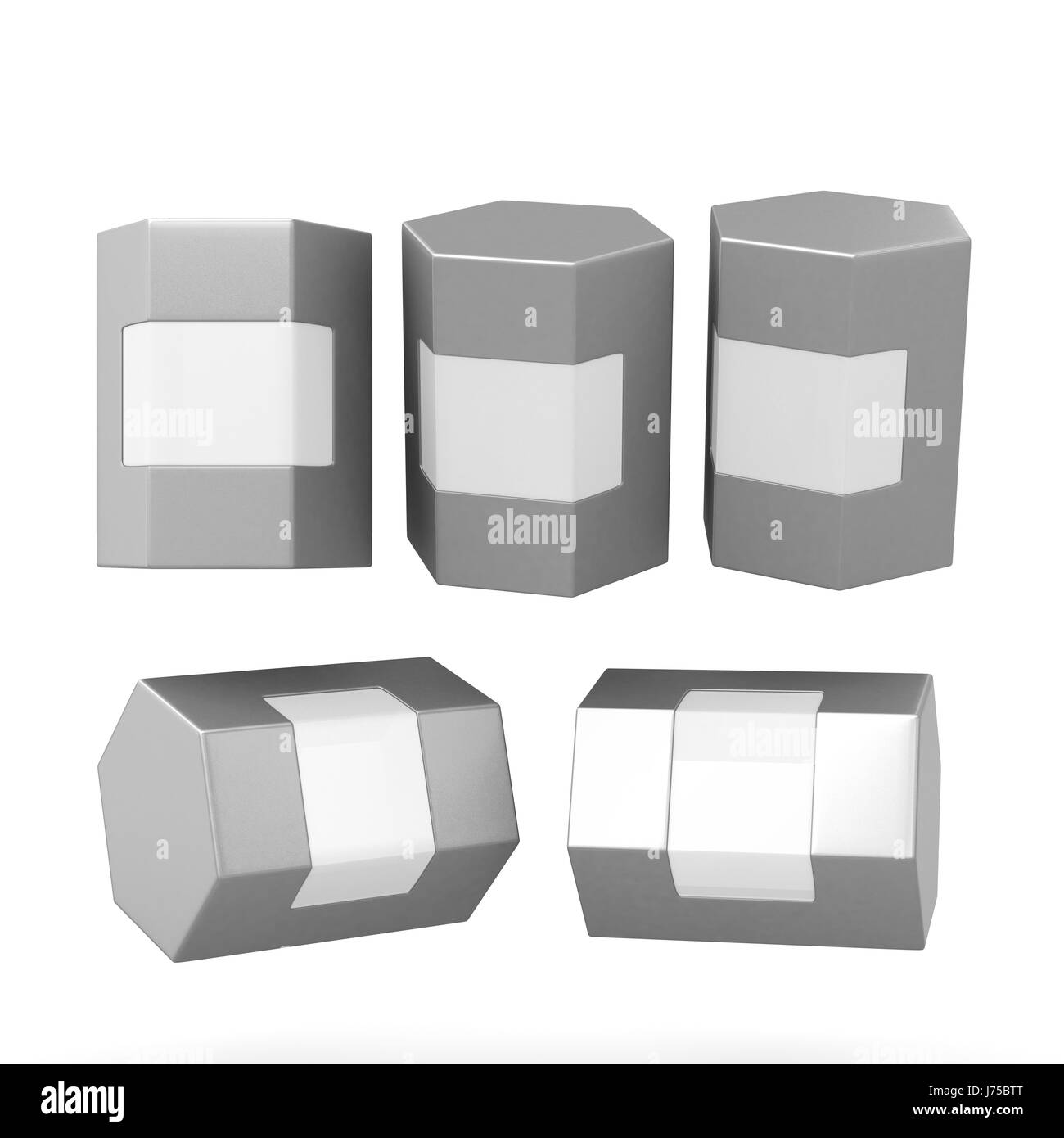 Emballage boîte hexagonale en argent avec chemin de détourage. Maquette packaging pour tous les types de produit, prêt pour votre conception . Banque D'Images