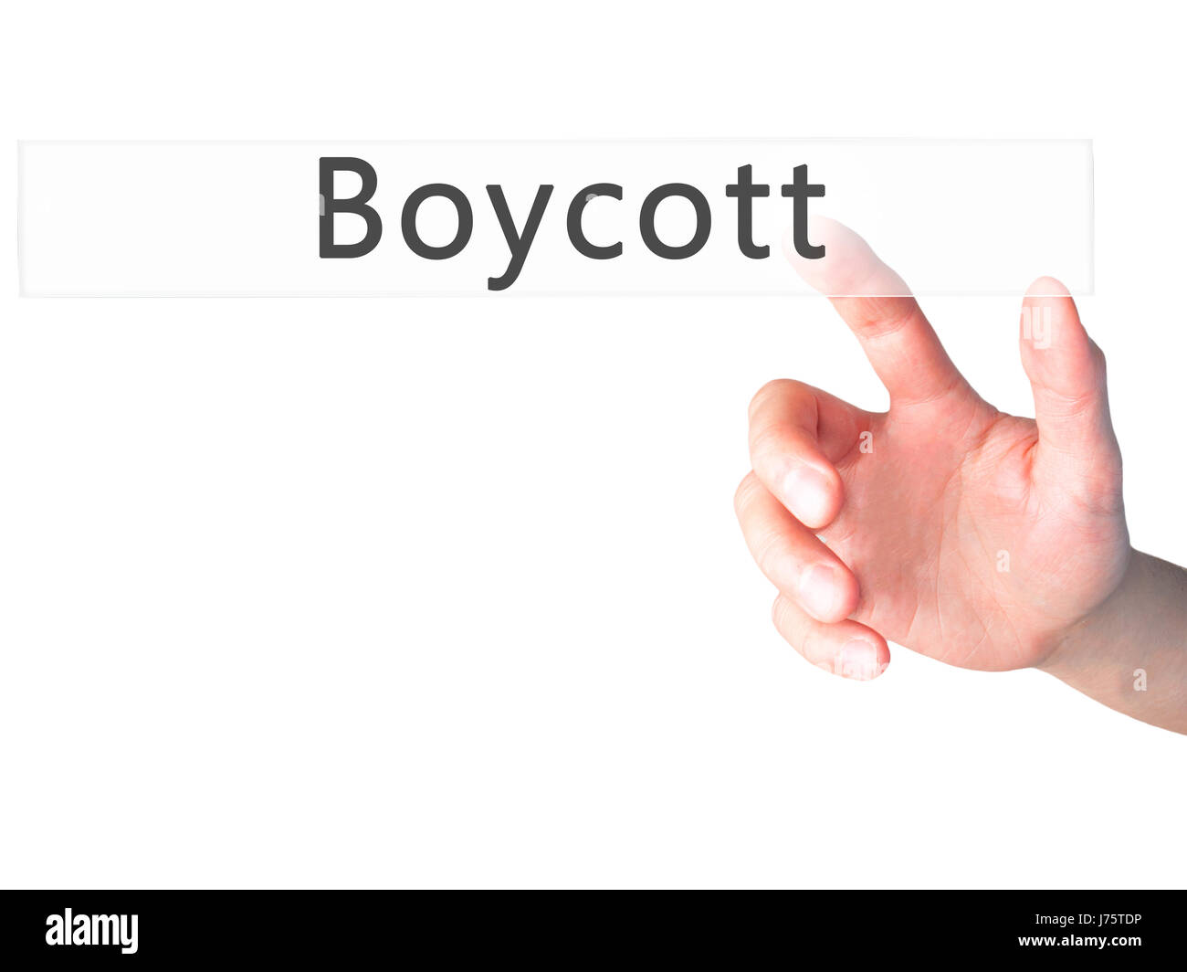 Boycott - part en appuyant sur un bouton sur l'arrière-plan flou concept . Le commerce, la technologie, internet concept. Stock Photo Banque D'Images