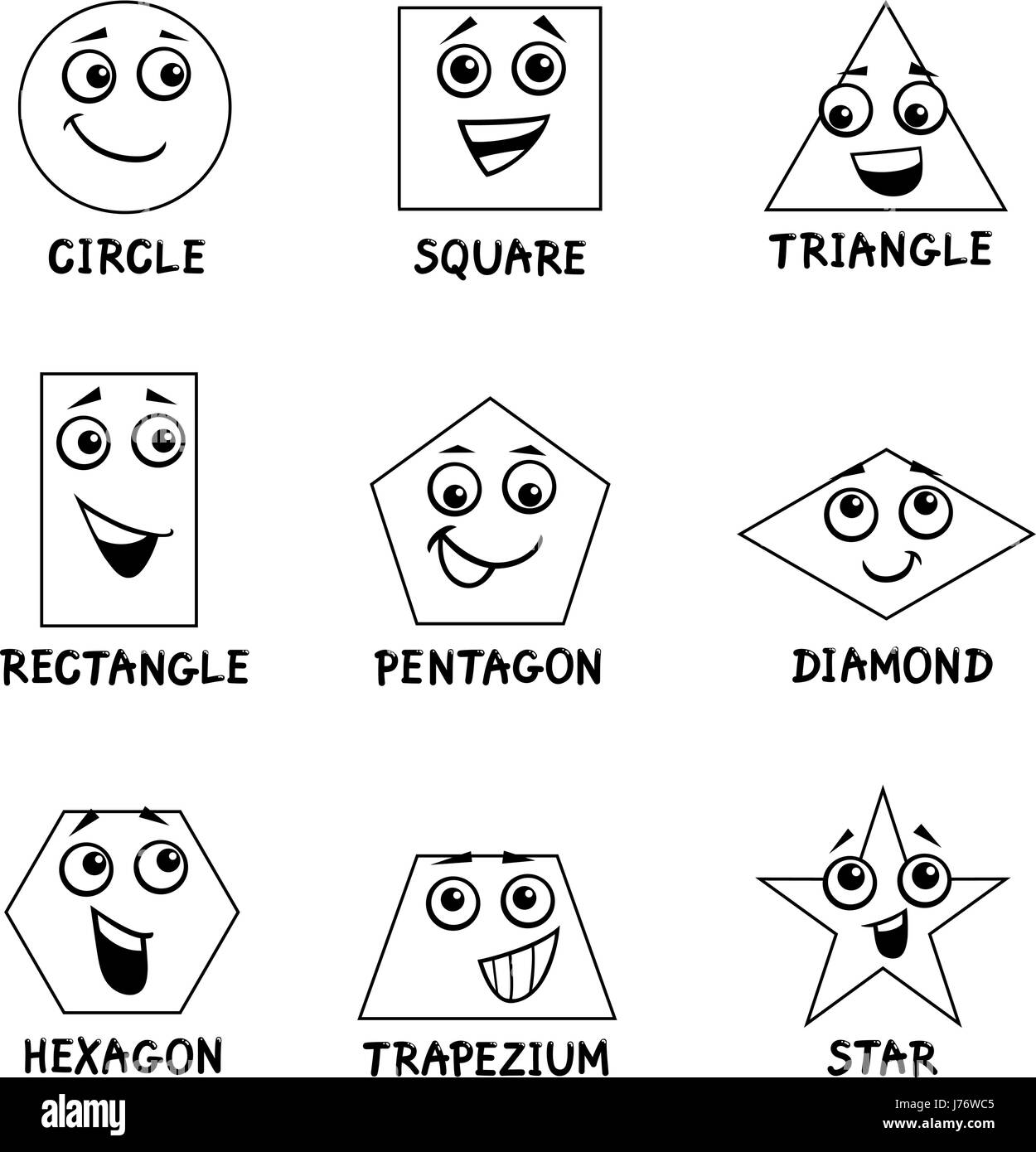 Cartoon noir et blanc Illustration de formes géométriques de base pour les enfants des caractères inhabituels Coloring Book Illustration de Vecteur