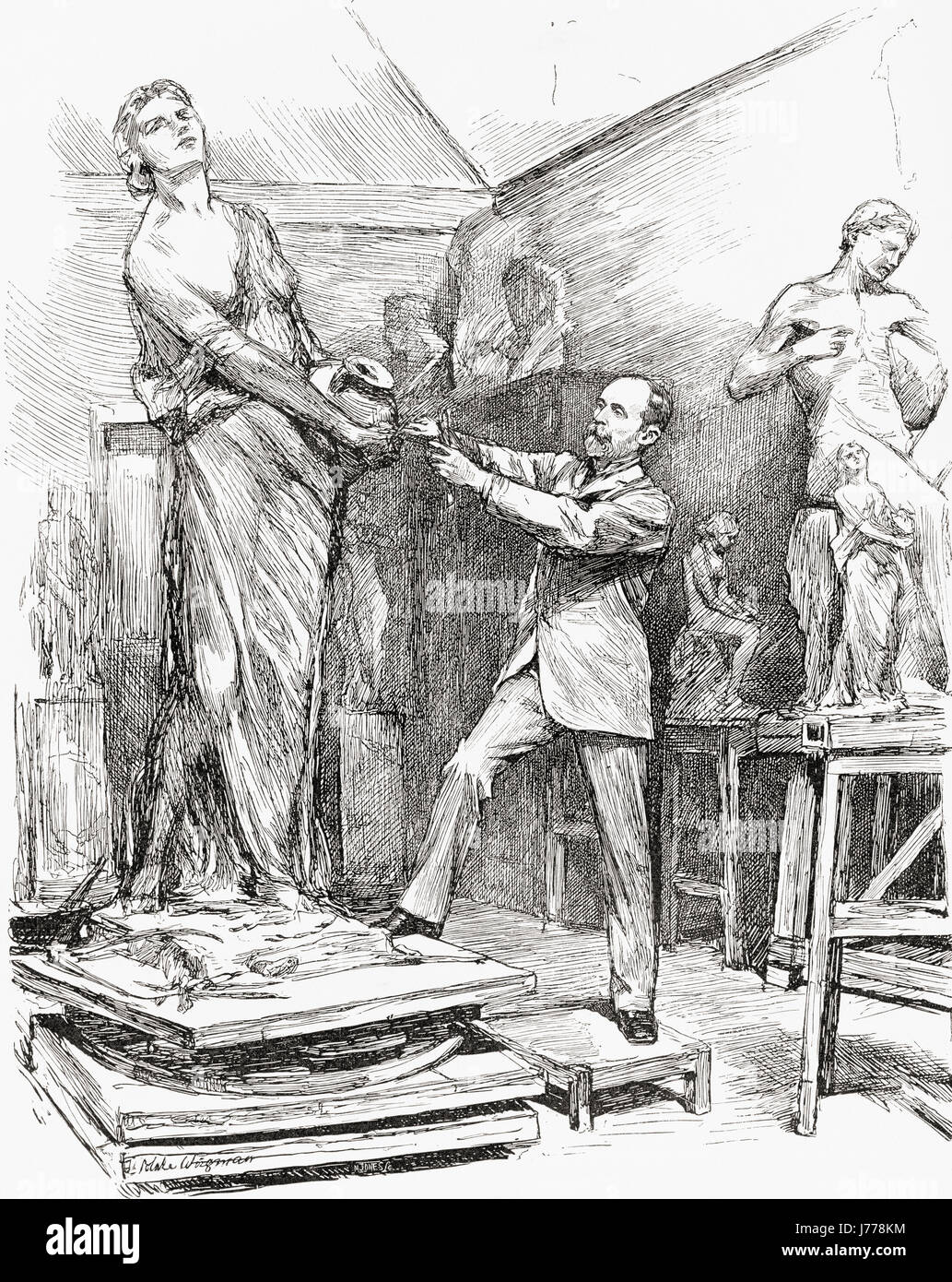 George A. Lawson au travail dans son studio. George Anderson Lawson, 1832 - 1904. Sculpteur anglais. D'après un dessin de Theodore Blake Wirgman. De l'illustre magazine mensuel, mai 1883 - octobre 1883. Banque D'Images