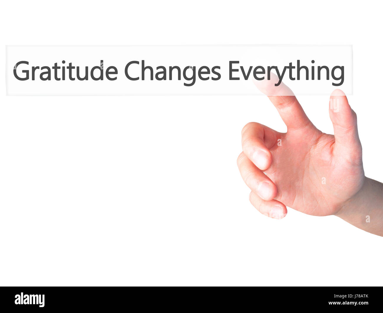 Gratitude change tout - part en appuyant sur un bouton sur l'arrière-plan flou concept . Le commerce, la technologie, internet concept. Stock Photo Banque D'Images