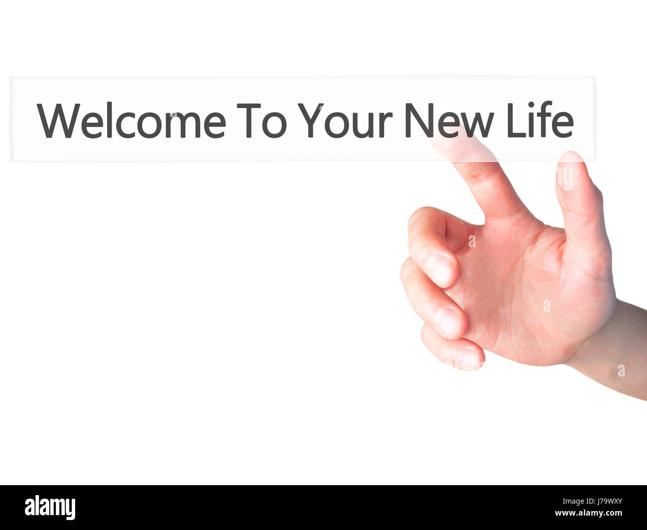 Bienvenue à votre nouvelle vie - part en appuyant sur un bouton sur l'arrière-plan flou concept . Le commerce, la technologie, internet concept. Stock Photo Banque D'Images