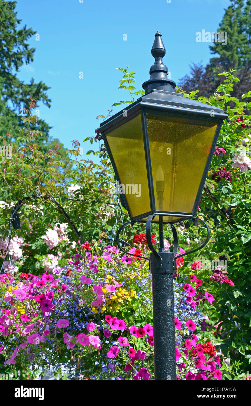 Lampost noir en jardin de fleurs colorées Banque D'Images