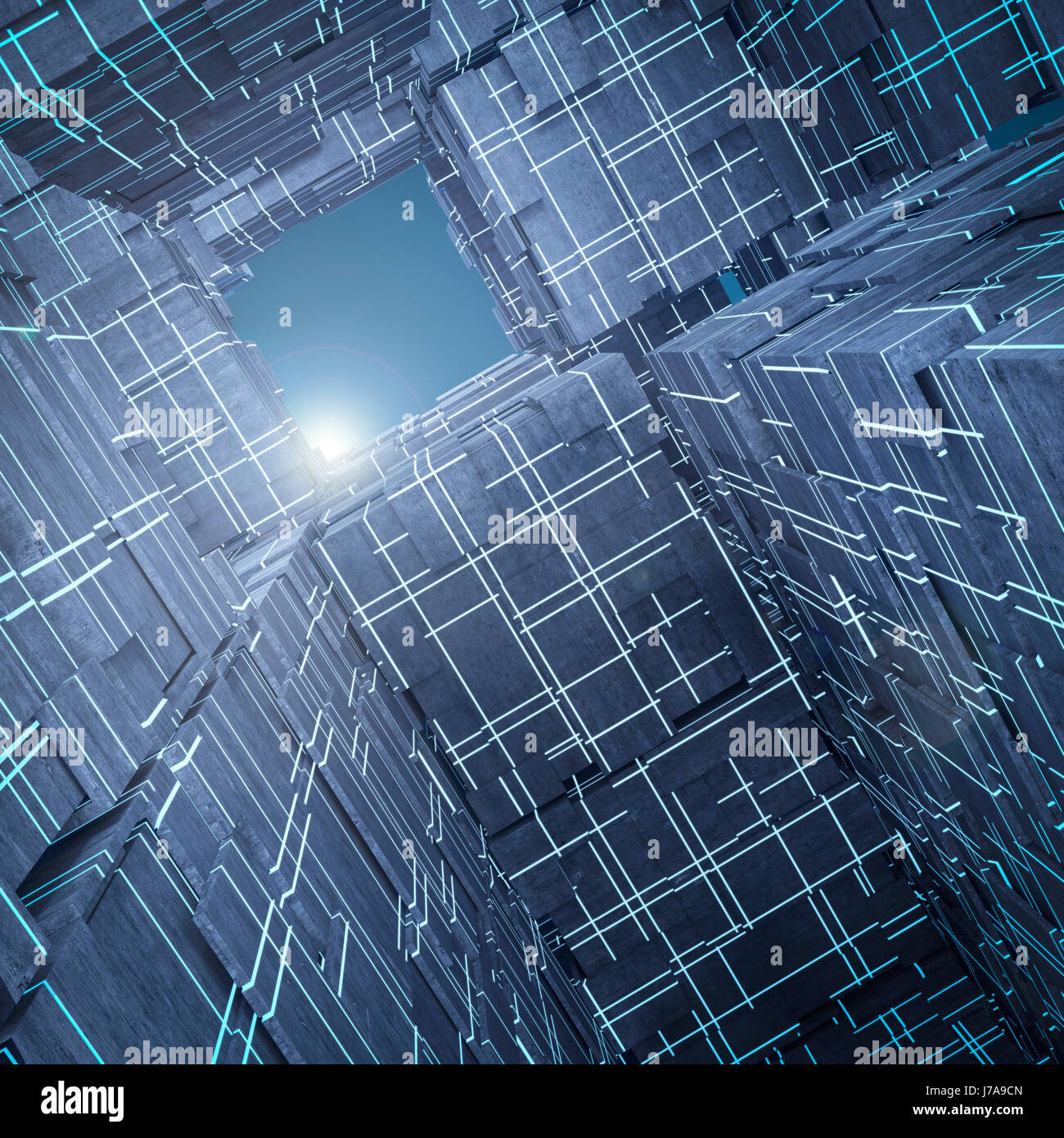 Lumière qui brille au-dessus des cubes futuristes, 3D Rendering Banque D'Images