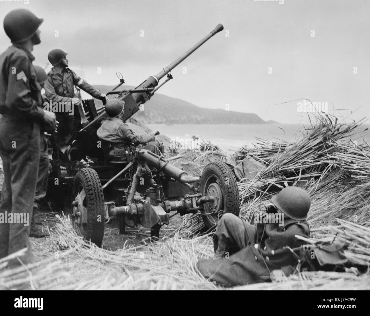 Un équipage d'artillerie américaine exploite le canon Bofors anti-aérien en Algérie, vers 1943. Banque D'Images