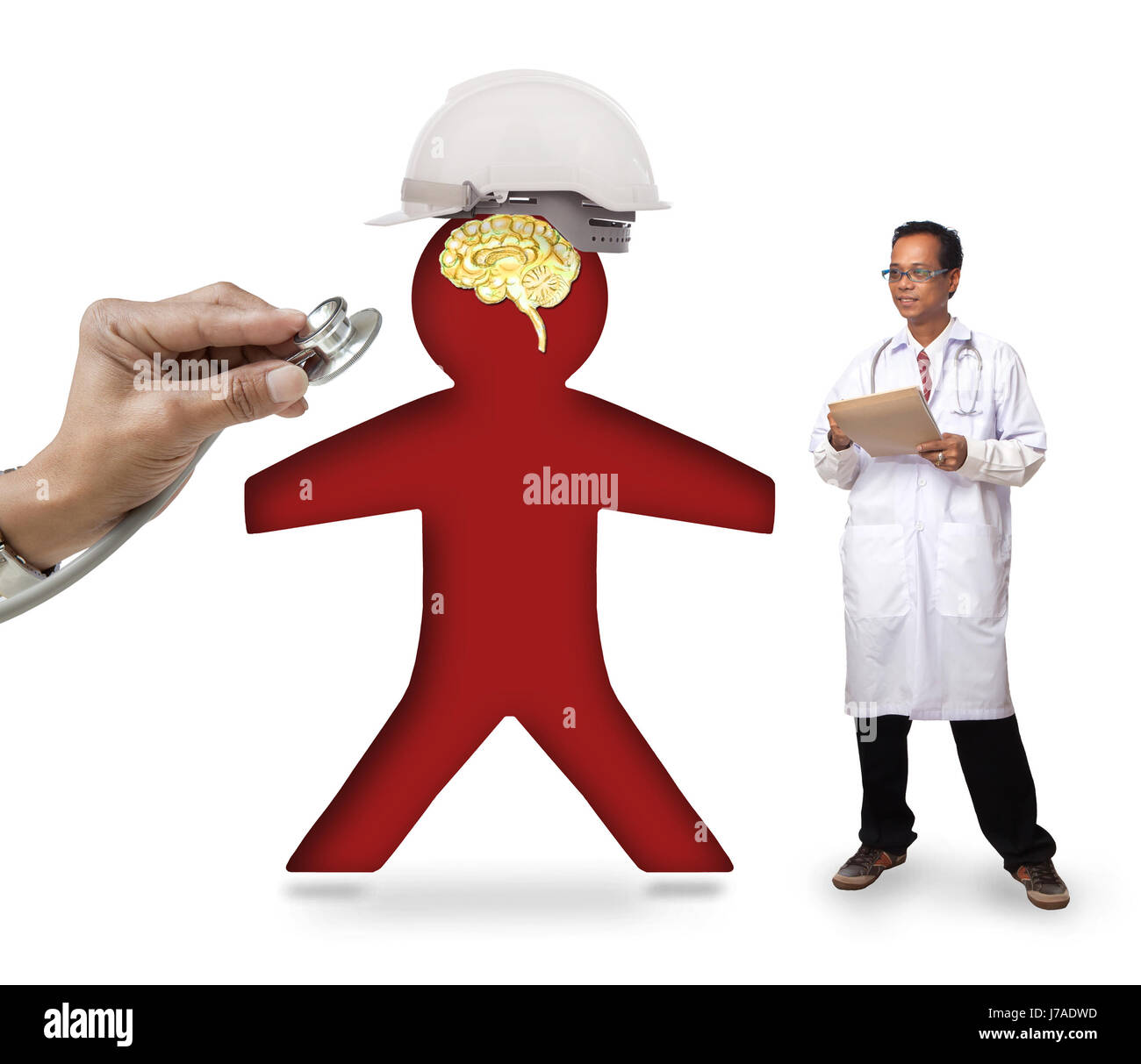 Contrôle de l'icône de l'homme médecin portant un casque de sécurité  protéger smart brain sur fond blanc Photo Stock - Alamy