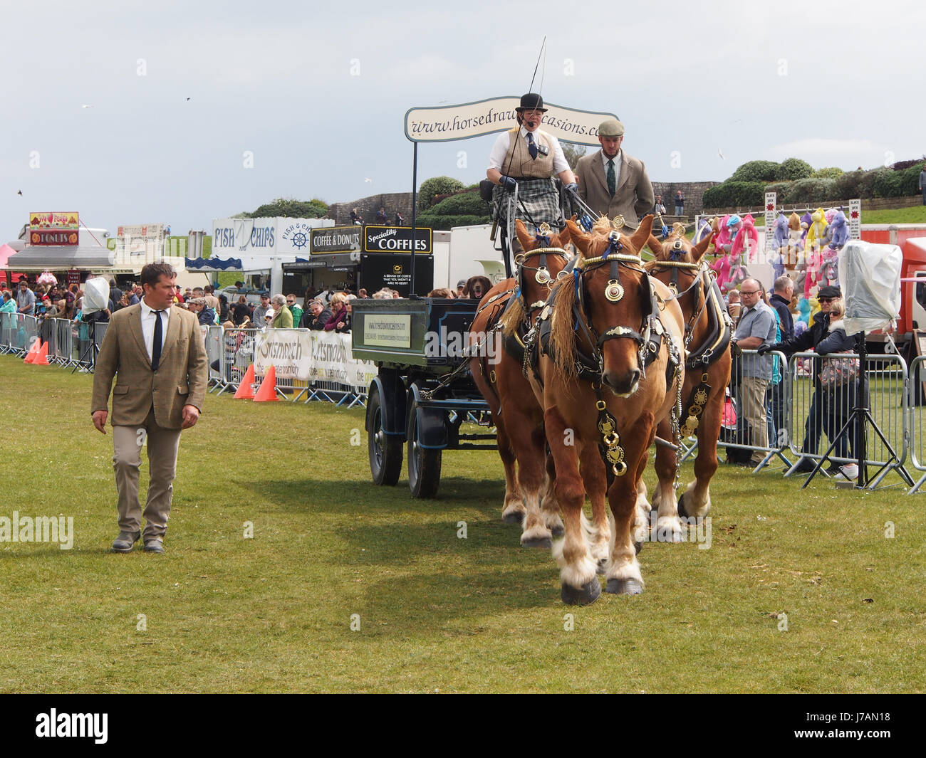Un chariot tiré par quatre chevaux shire sur l'affichage dans une arène à montrer un pays Banque D'Images