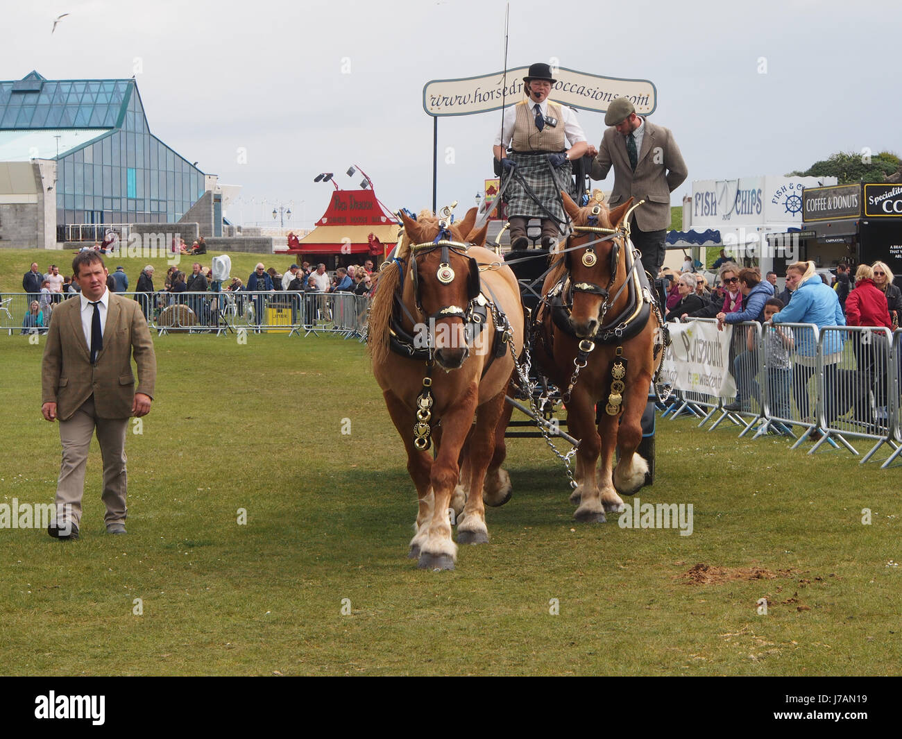 Un chariot tiré par quatre chevaux shire sur l'affichage dans une arène à montrer un pays Banque D'Images