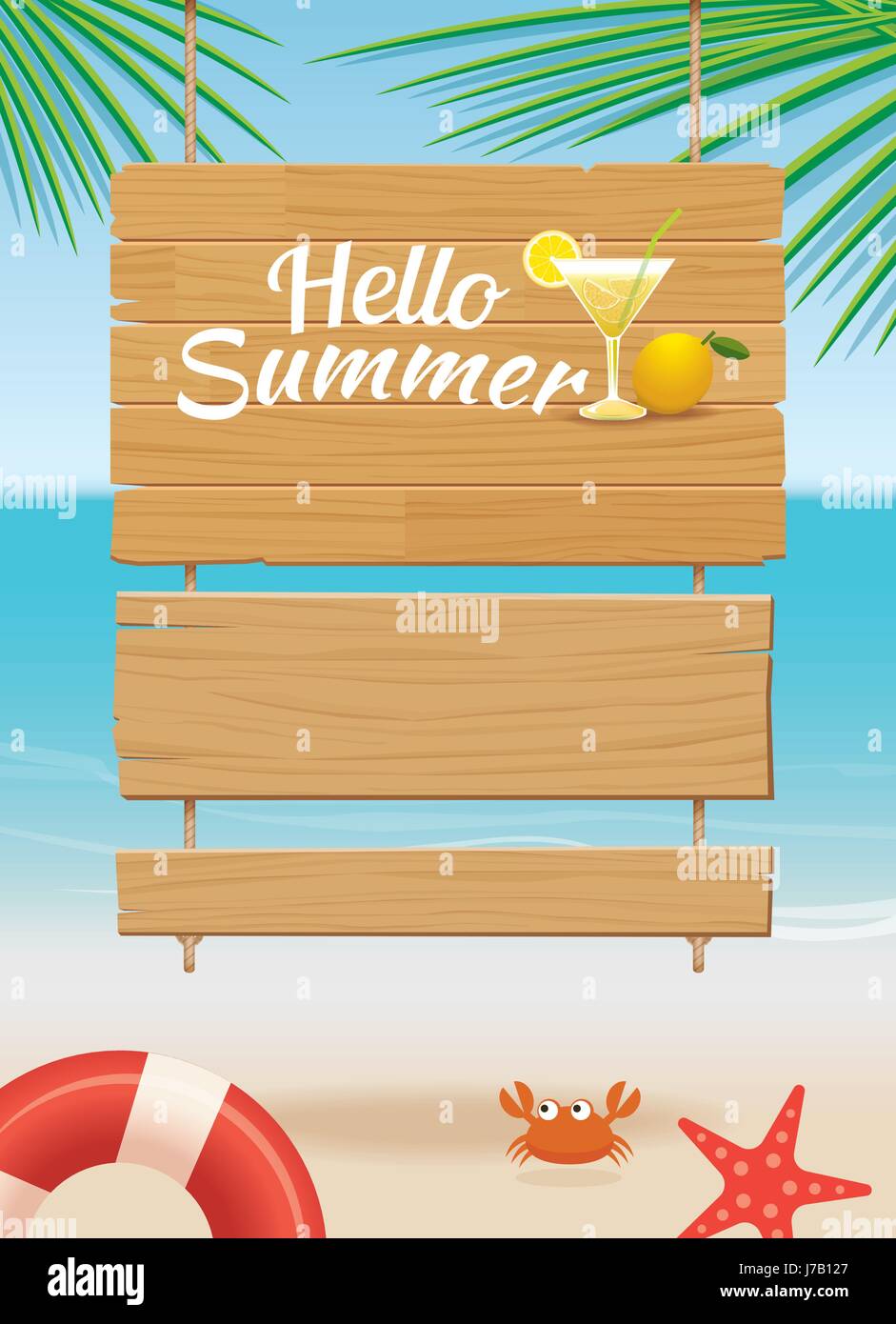 Panneau en bois de l'été sur fond de plage tropicale Illustration de Vecteur