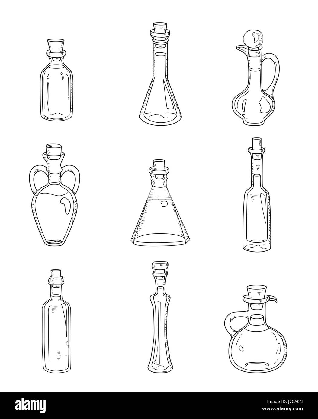 9 bouteilles doodle isolés. Sketchy ensemble dessiné à la main Illustration de Vecteur