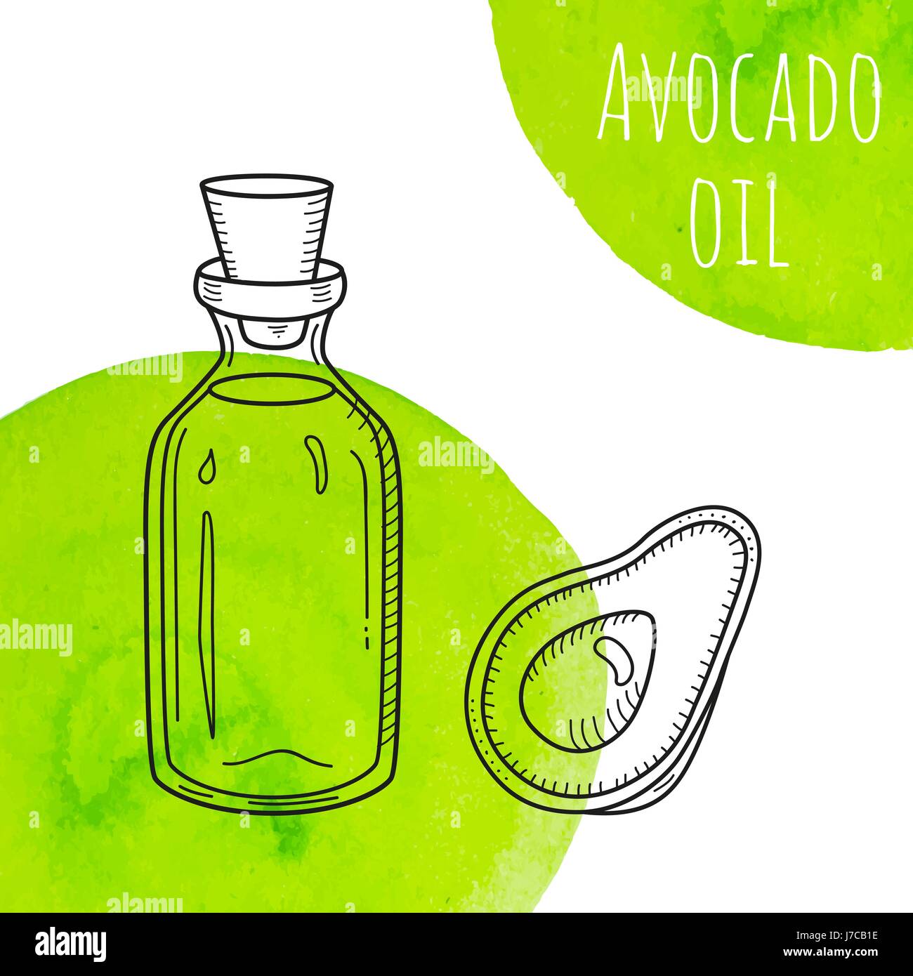 L'huile d'avocat dessinés à la main, avec des taches d'aquarelle vert bouteille Illustration de Vecteur