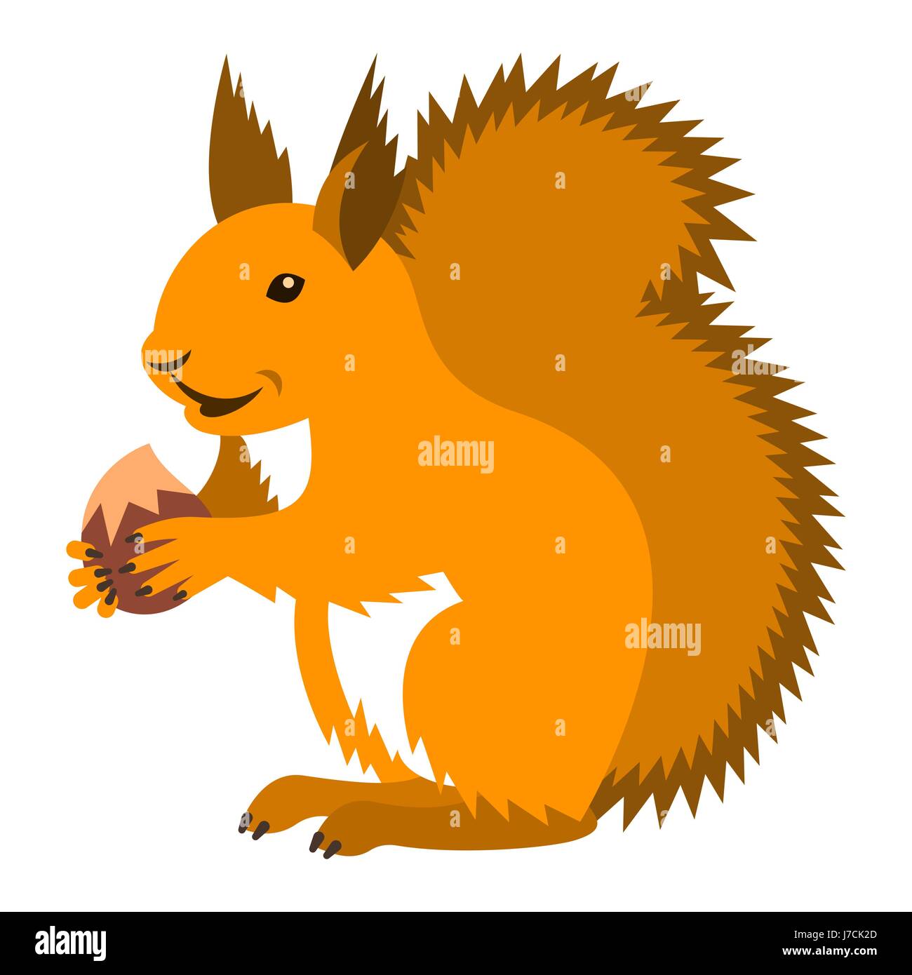 Cute smiling holding red squirrel nut. Cartoon Vector illustration. Zoo sauvage icône animale. Gingembre moelleux rongeur adulte debout à la noisette. Isolé Illustration de Vecteur