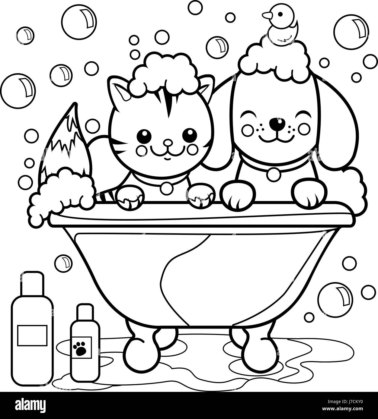 Chien et chat prendre un bain. Page de livre de coloriage. Illustration de Vecteur