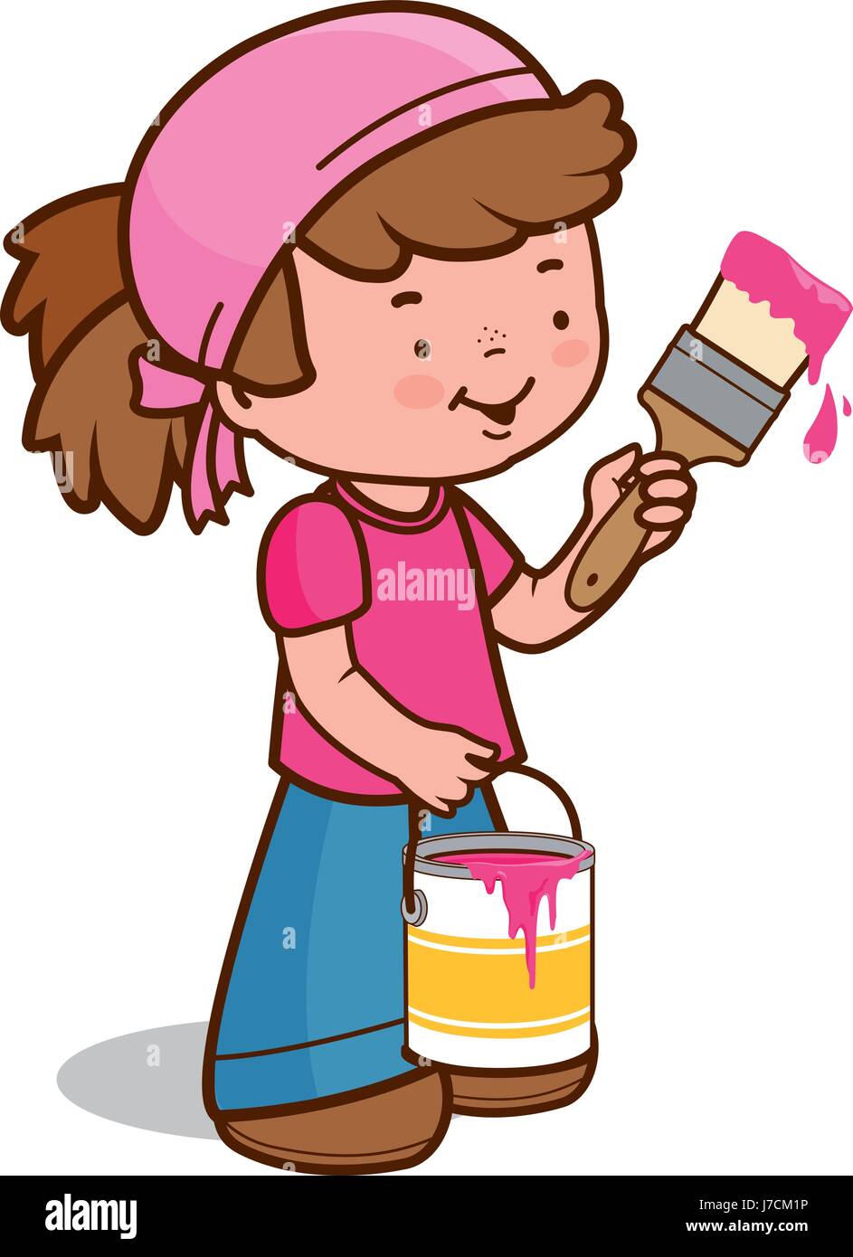 Fille peignant avec un pinceau et un seau. Enfant peintre jouer et peindre le mur avec boîte de peinture rose et pinceau. Illustration vectorielle Illustration de Vecteur