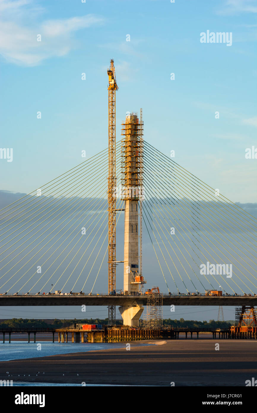 Le pylône du Mersey Gateway Projet Construction Dabinda Crossing dans lumière du soir. Banque D'Images