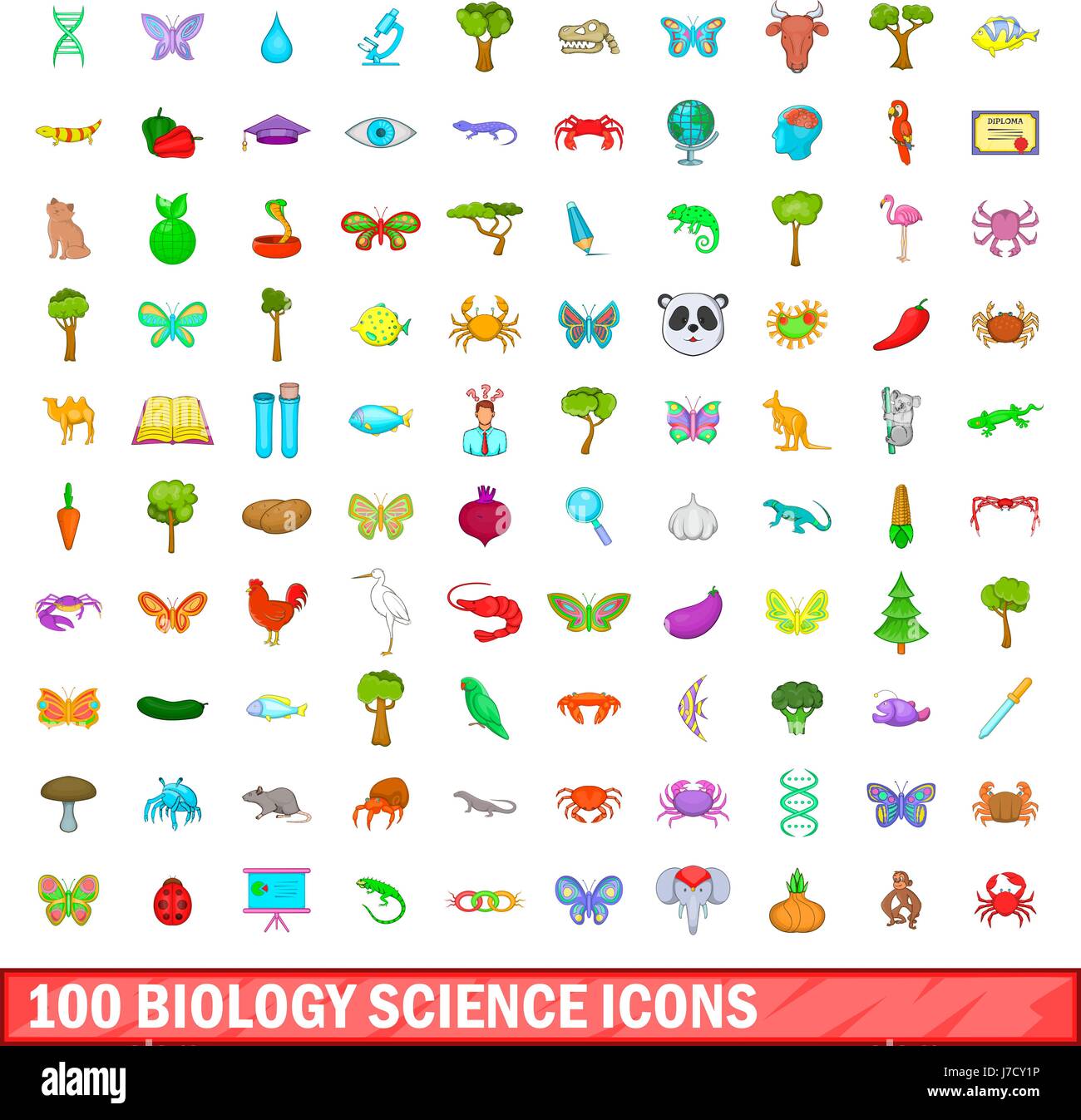 100 sciences biologie icons set, cartoon style Illustration de Vecteur