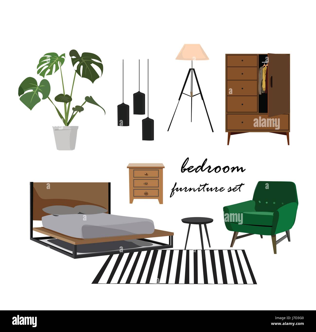 Meubles de chambre à coucher ensemble. Accueil collection d'éléments de design d'Intérieur, de l'humeur.designer, danois, scandinave, moderne, réaliste.lit, usine, lampe trépied, Illustration de Vecteur Meubles de chambre à coucher ensemble. Accueil collection d'éléments de design d'Intérieur, de l'humeur.designer, danois, scandinave, moderne, réaliste.lit, usine, lampe trépied, Illustration de Vecteur