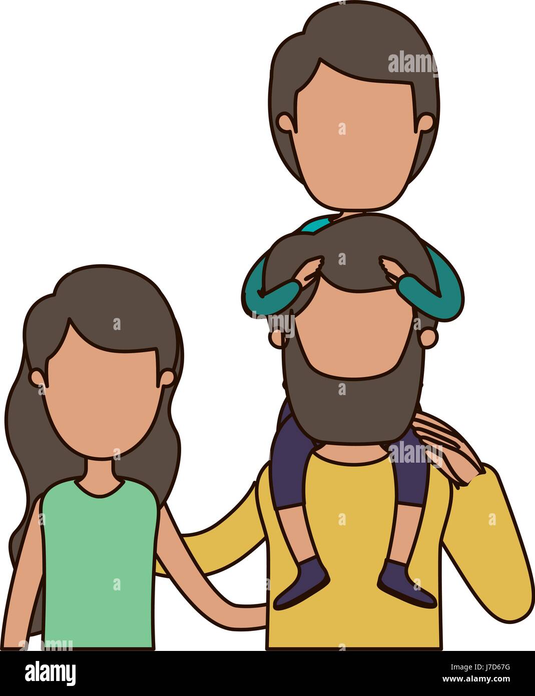 Caricature colorée Vue de face sans visage moitié du corps, avec de longs cheveux ondulés de la famille femme et homme barbu avec garçon sur son dos Illustration de Vecteur