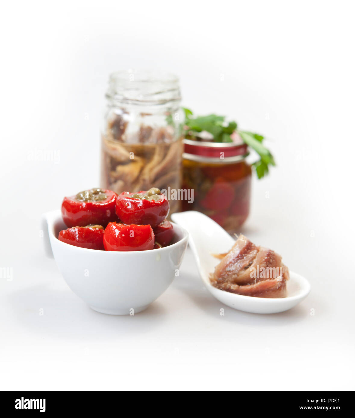 Sex poivrons paprika anchois fruits de mer Poissons aliment alimentaire gastronomie cuisine faire bouillir Banque D'Images