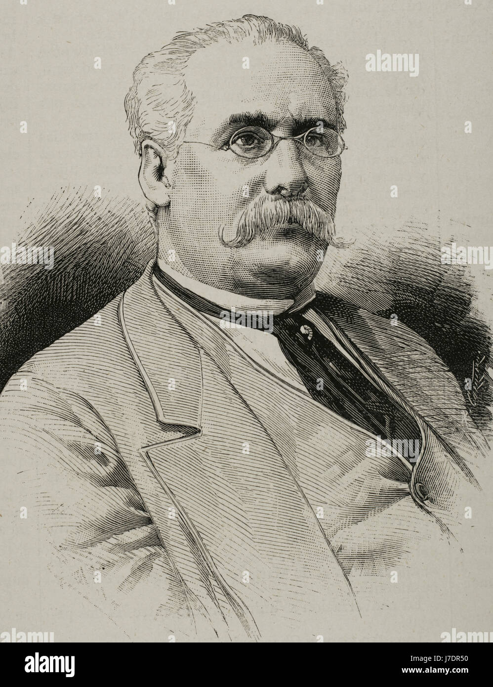 Teodoro Guerrero Pallares (1824-1904). Écrivain et homme politique espagnol. Portrait. Gravure par Arturo Carretero. 'La Ilustracion Espanola y Americana', 1884. Banque D'Images