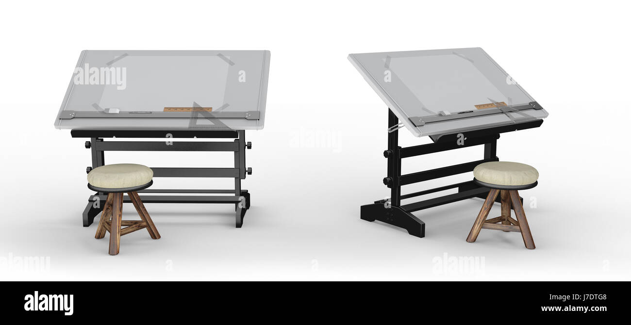 Nouveau noir métallisé table de dessin avec tabouret et outils , chemin de détourage inclus Banque D'Images