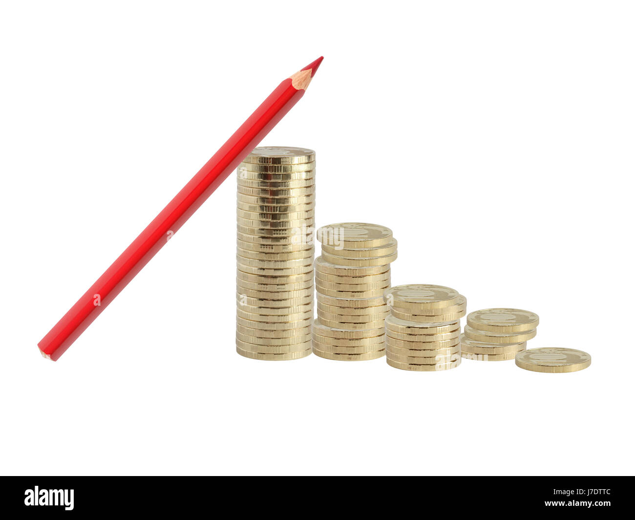 Concept de profit. Crayon rouge près de quelques coins colonnes sur fond blanc Banque D'Images