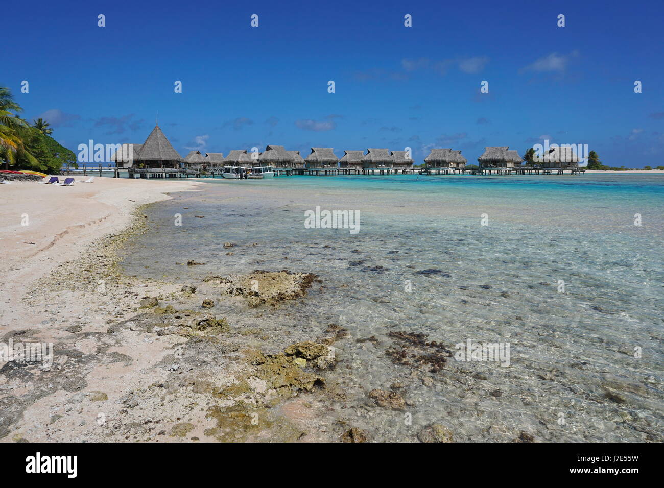 Tropical resort avec des bungalows au toit de chaume au-dessus de l'eau dans le lagon, atoll de Tikehau, archipel des Tuamotu, en Polynésie française, l'océan Pacifique sud Banque D'Images