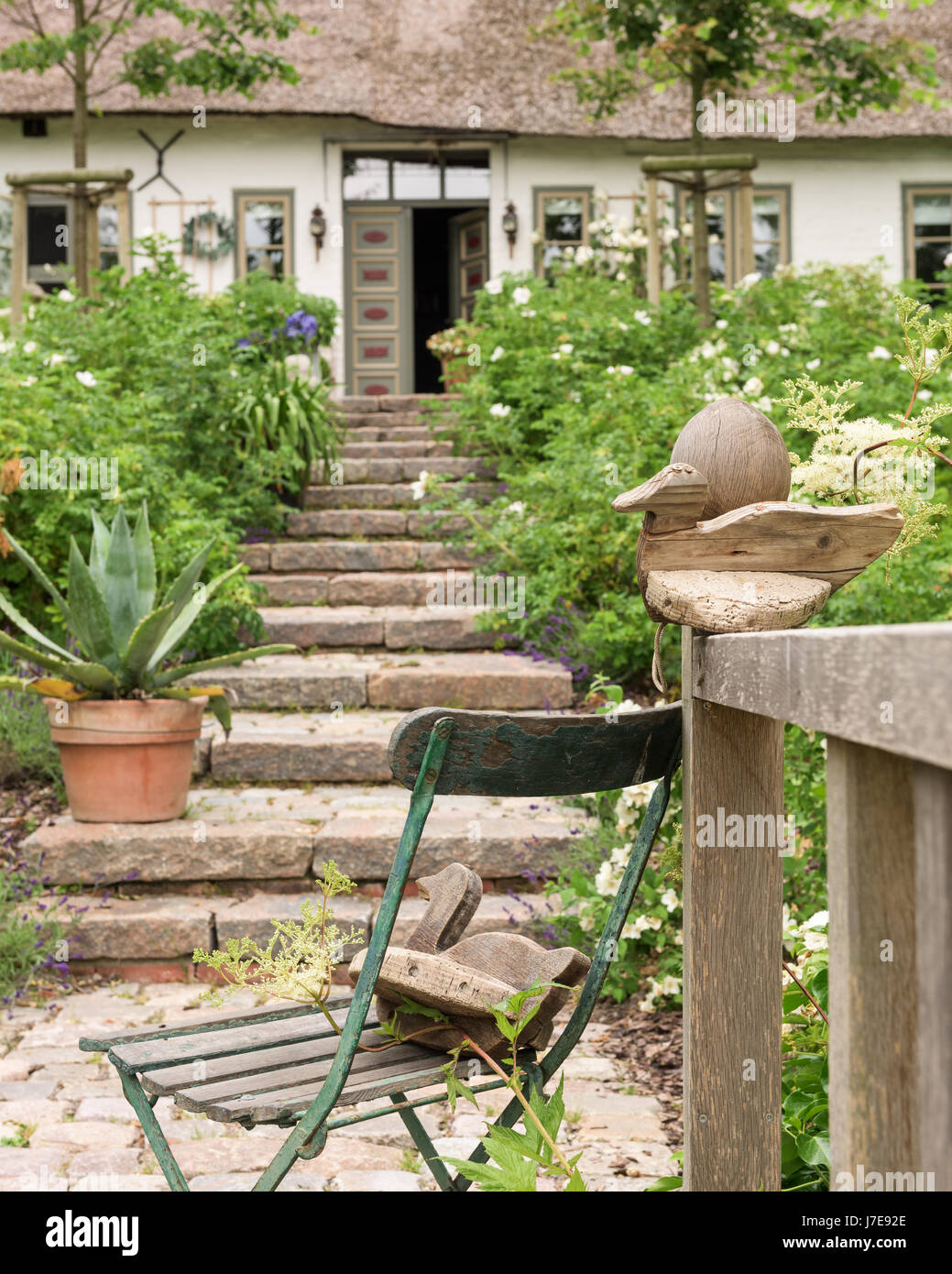 Canards en bois dans jardin de 17e siècle famhouse de chaume Banque D'Images