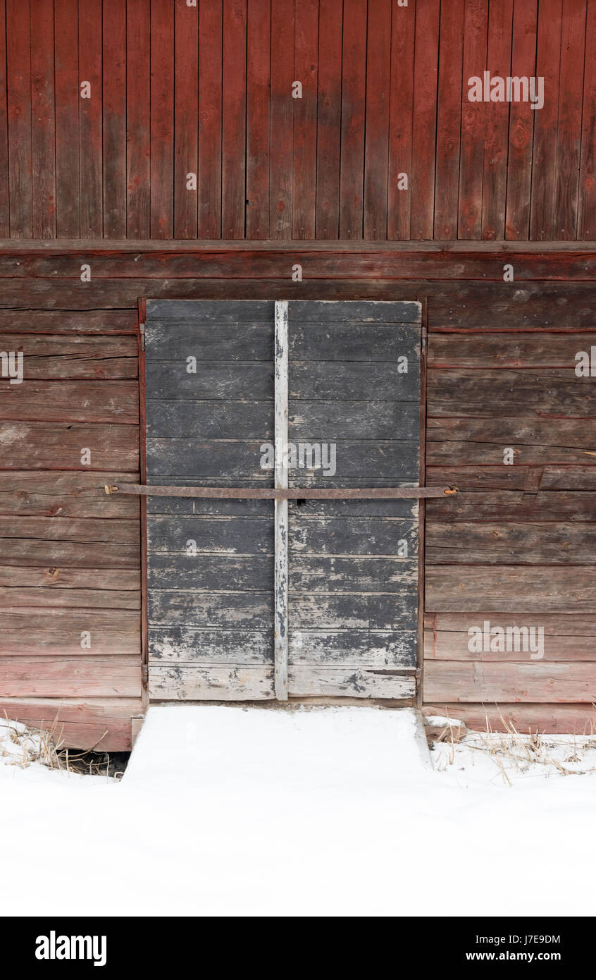 Gros plan de vieilles portes de grange en bois altérées contre des murs en bois rouge en hiver, montrant la texture rustique et le patrimoine scandinave Banque D'Images
