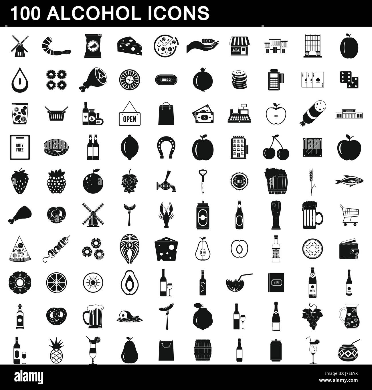 L'alcool 100 icons set, le style simple Illustration de Vecteur
