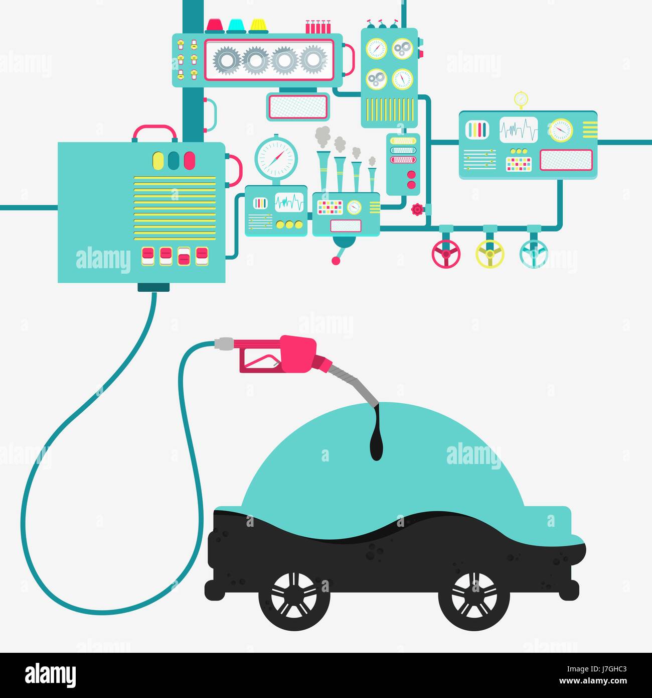 L'usine de machines ou d'huile de raffinage et de ravitaillement en carburant d'une voiture. Forme de voiture d'être rempli par un gaz d'huile avec pompe. Illustration de Vecteur
