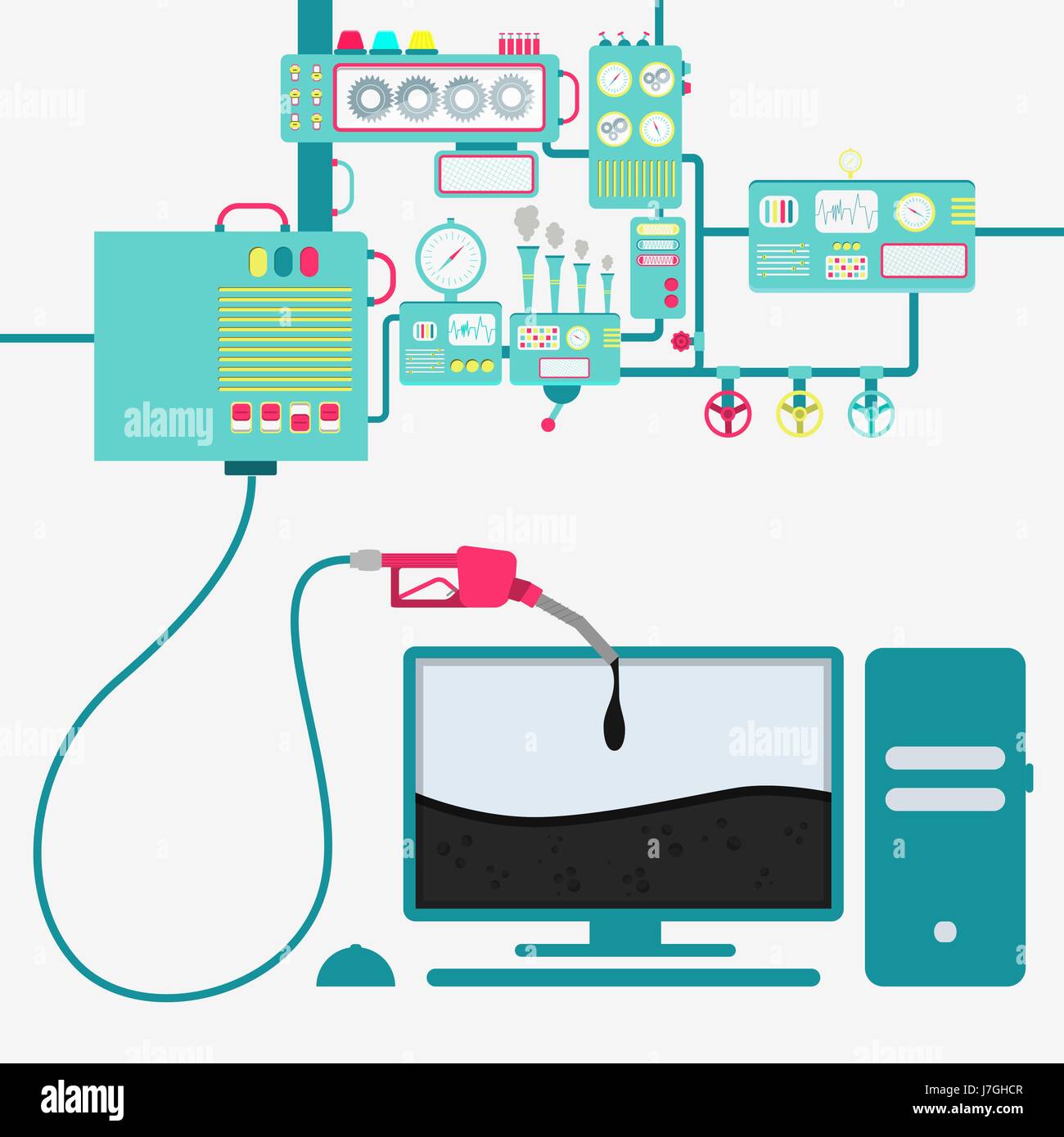 L'usine de machines et de ravitaillement en pétrole Raffinage d'un ordinateur. Écran de l'ordinateur d'être rempli par un gaz d'huile avec pompe. Illustration de Vecteur