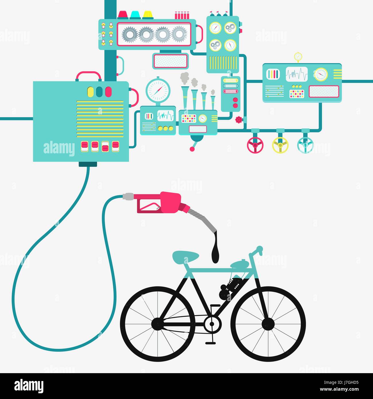 L'usine de machines et de ravitaillement en pétrole raffinage un vélo électrique. Forme de vélo d'être rempli par un gaz d'huile avec pompe. Illustration de Vecteur
