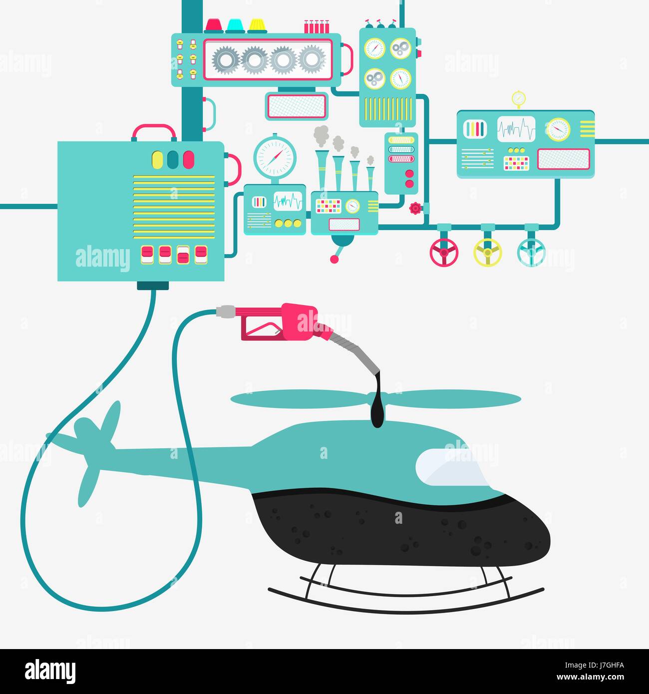 L'usine de machines et de ravitaillement en pétrole Raffinage d'un hélicoptère. La forme de l'hélicoptère d'être rempli par un gaz d'huile avec pompe. Illustration de Vecteur
