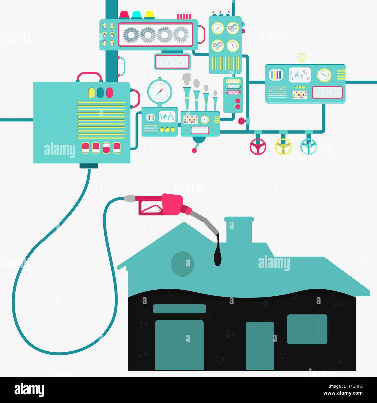 L'usine de machines et de ravitaillement en pétrole raffinage une maison. La forme de la chambre d'être rempli par un gaz d'huile avec pompe. Illustration de Vecteur