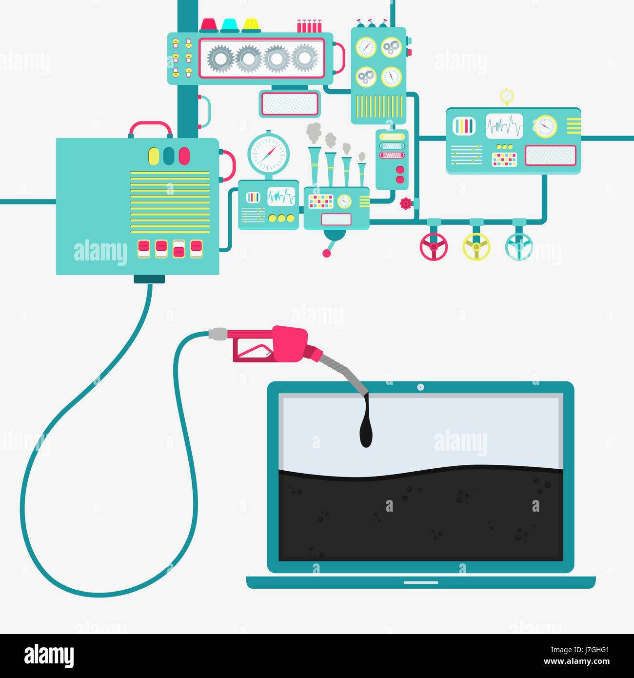 L'usine de machines et de ravitaillement en pétrole Raffinage d'un ordinateur portable. Forme d'ordinateur portable d'être rempli par un gaz d'huile avec pompe. Illustration de Vecteur