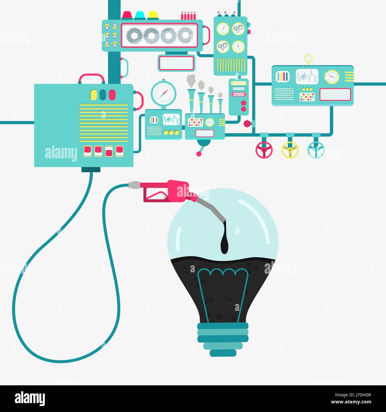 L'usine de machines et de ravitaillement en pétrole raffinage une ampoule. La forme de la lampe d'être rempli par un gaz d'huile avec pompe. Illustration de Vecteur