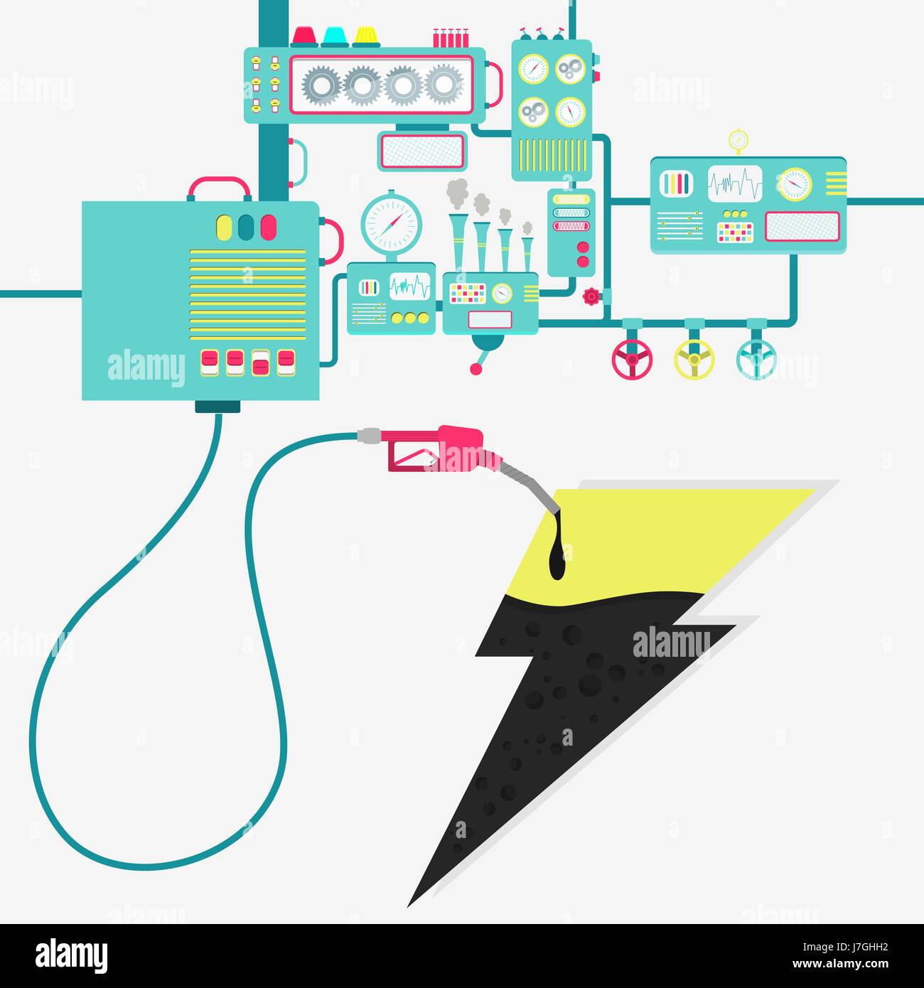 L'usine de machines et de ravitaillement en pétrole raffinage un symbole d'éclair. La forme de la foudre étant comblé par une huile avec pompe à gaz. Illustration de Vecteur