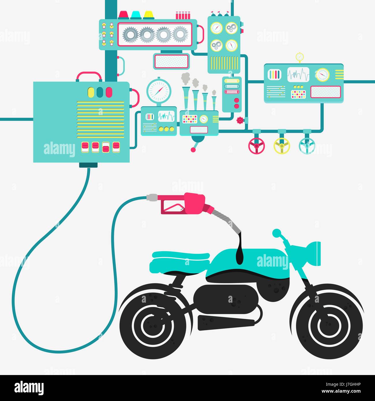 L'usine de machines ou d'huile de raffinage et de ravitaillement en carburant d'une moto. Forme de moto d'être rempli par un gaz d'huile avec pompe. Illustration de Vecteur