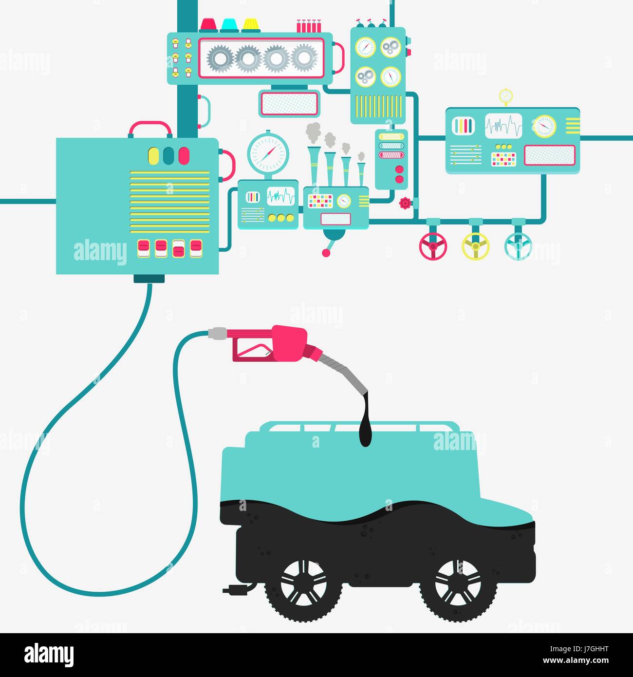 L'usine de machines ou d'huile de raffinage et de ravitaillement en carburant d'un véhicule hors route. Forme de voiture d'être rempli par un gaz d'huile avec pompe. Illustration de Vecteur