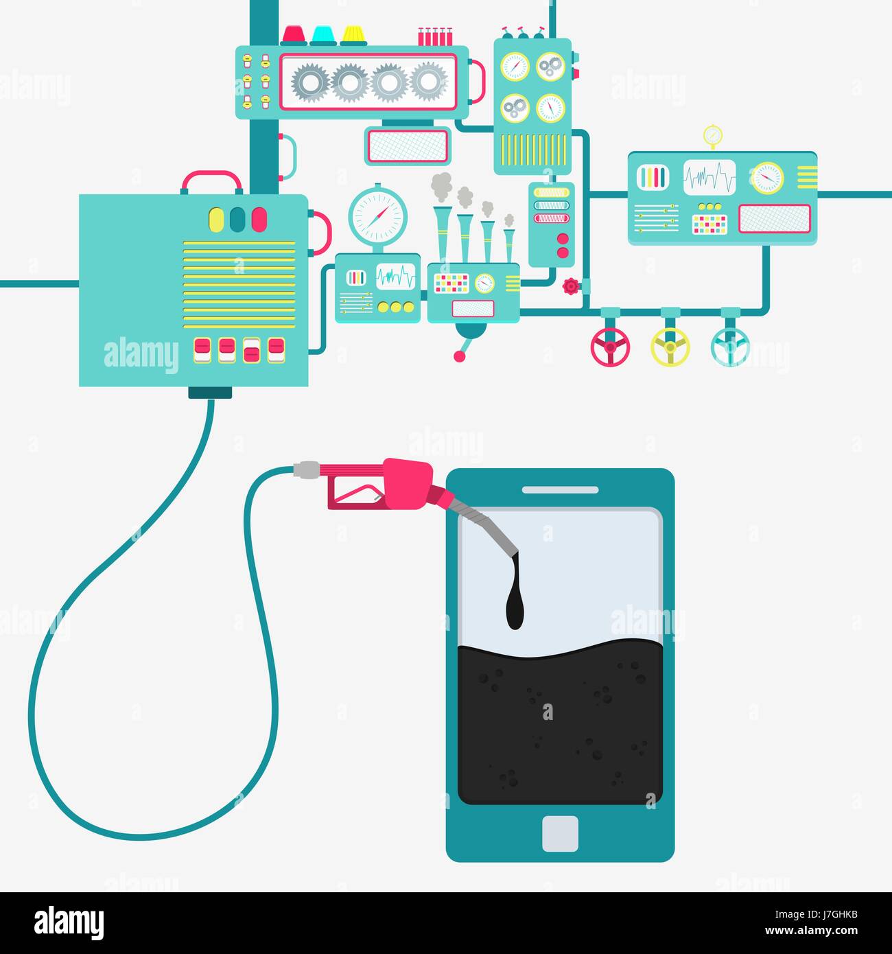 L'usine de machines et de ravitaillement en pétrole Raffinage d'un téléphone. D'être rempli par un Smartphone avec de l'huile de la pompe à gaz. Illustration de Vecteur