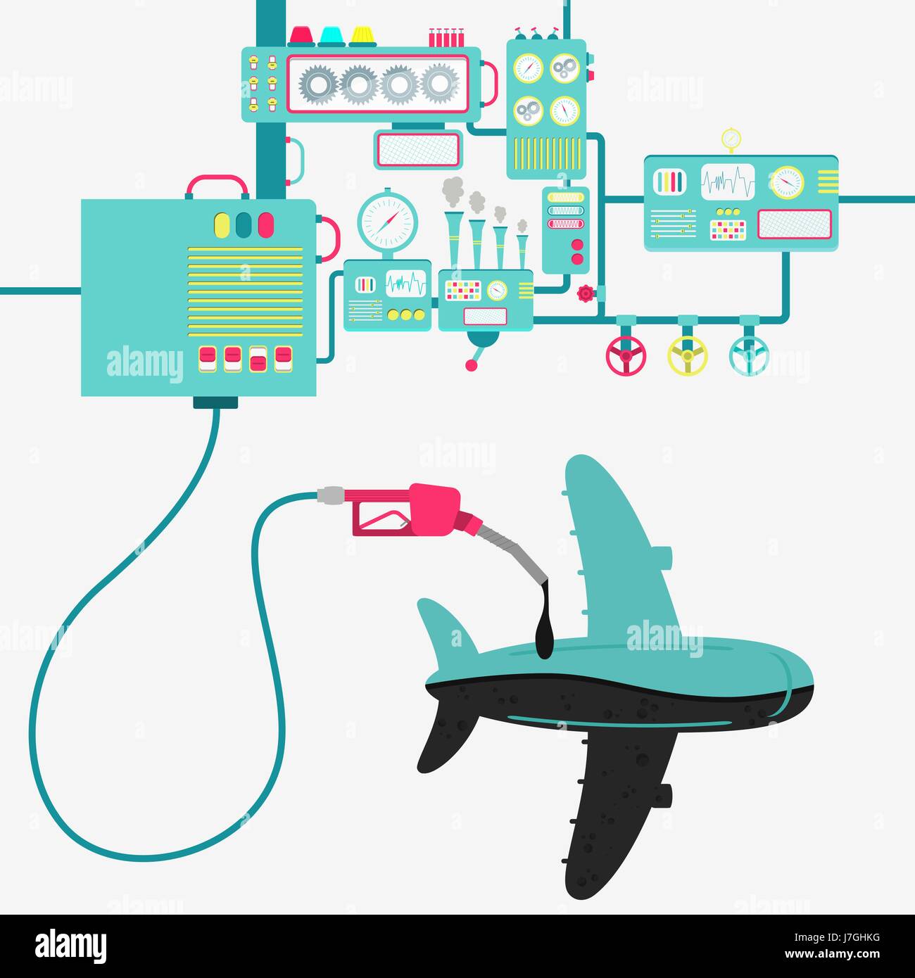 L'usine de machines ou d'huile de raffinage et de ravitaillement en carburant d'un avion. La forme d'avion d'être rempli par un gaz d'huile avec pompe. Illustration de Vecteur