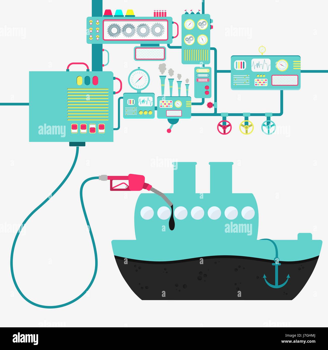 L'usine de machines ou d'huile de raffinage et de ravitaillement d'un navire. Forme de navire d'être rempli par un gaz d'huile avec pompe. Illustration de Vecteur
