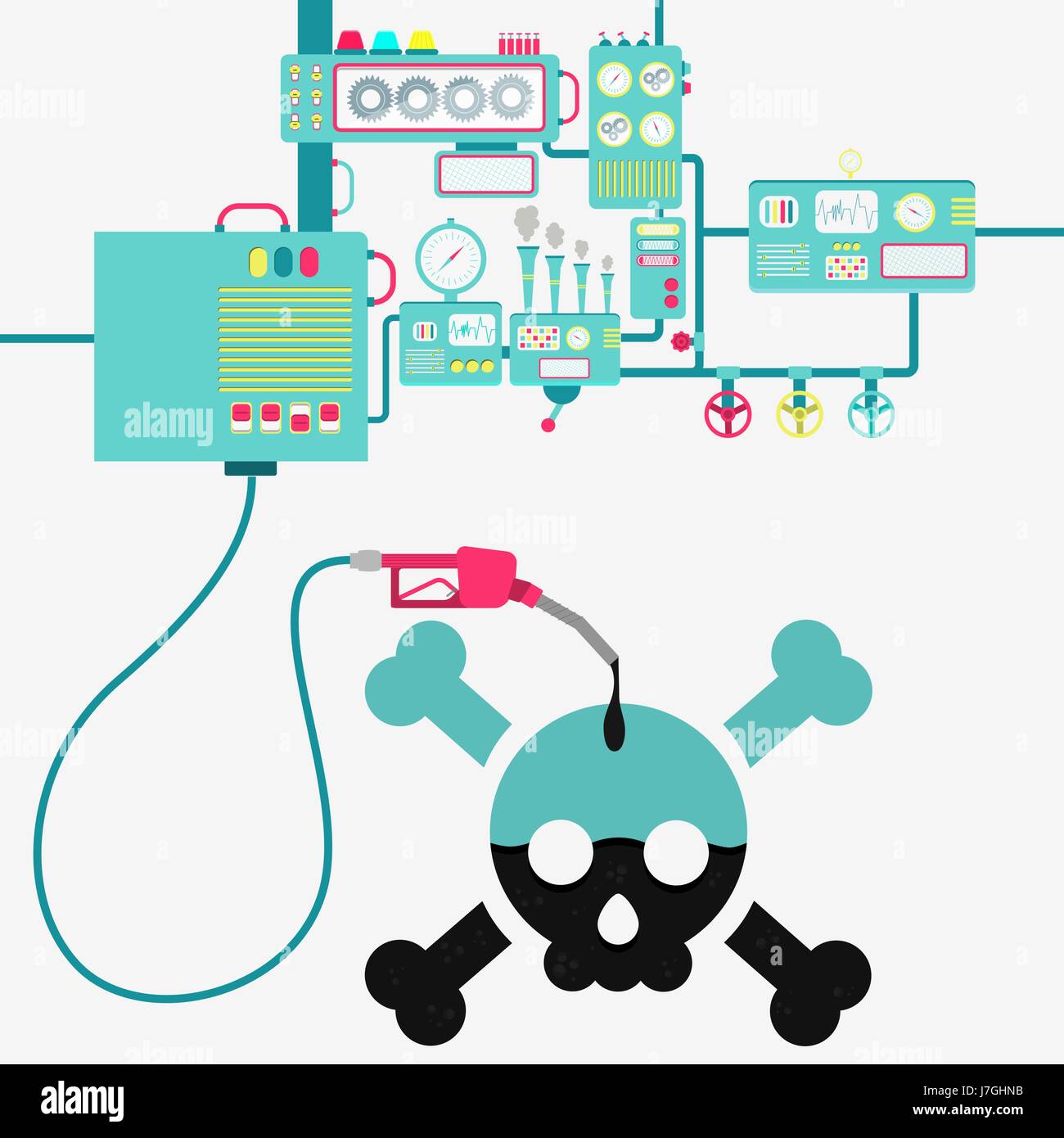 L'usine de machines et de ravitaillement en pétrole raffinage un crâne. Une forme de crâne d'être rempli par un gaz d'huile avec pompe. Illustration de Vecteur