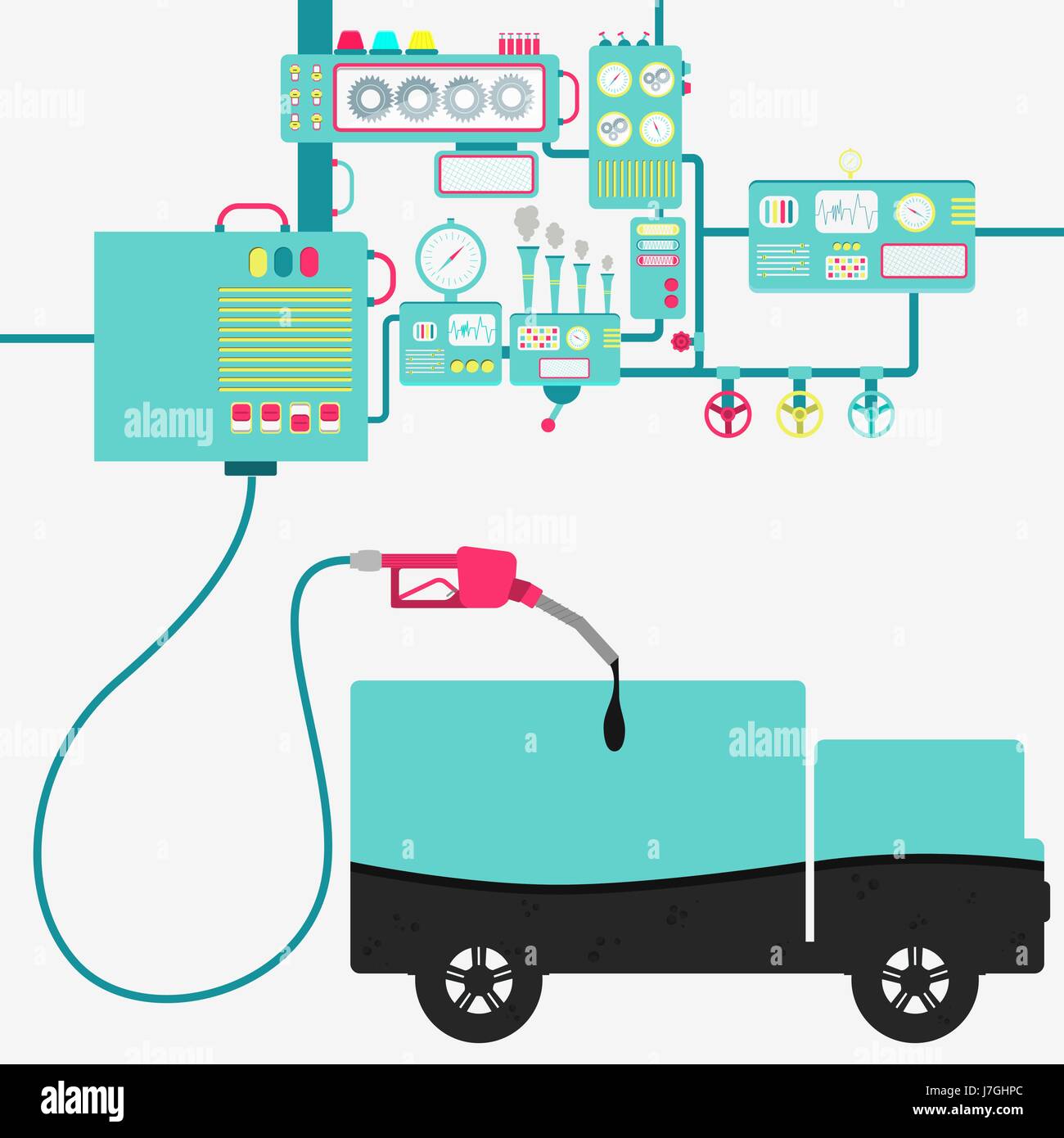 L'usine de machines ou d'huile de raffinage et de ravitailler un chariot. Forme de camion d'être rempli par un gaz d'huile avec pompe. Illustration de Vecteur