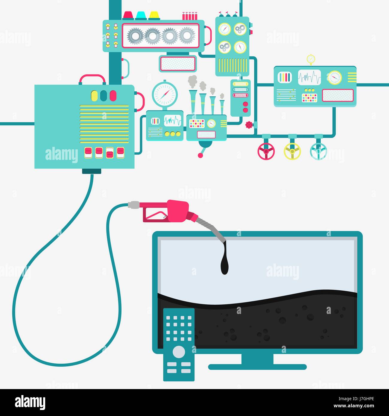 L'usine de machines et de ravitaillement en pétrole Raffinage d''une télévision. L'écran de télévision d'être rempli par un gaz d'huile avec pompe. Illustration de Vecteur