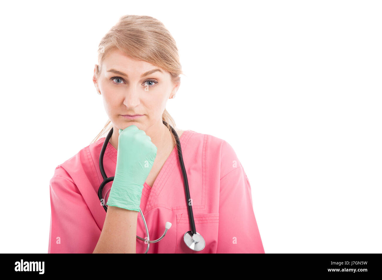 Female medical nurse posing sensibilisation à sourcil surpris isolé sur fond blanc avec l'espace texte copie Banque D'Images