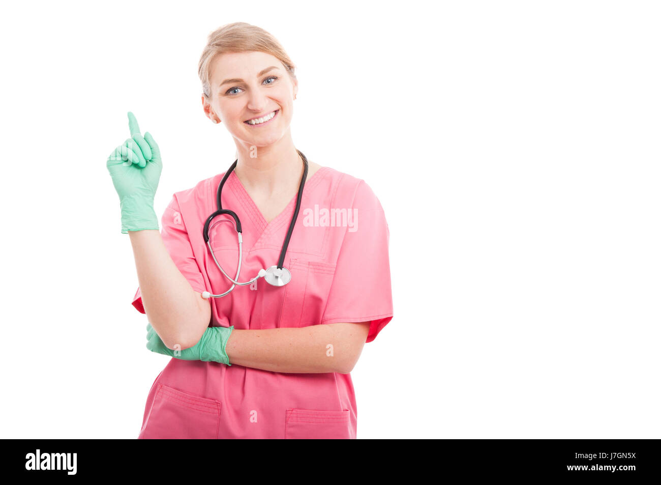 Belle infirmière médicale ayant bonne idée et gesticulant isolé sur fond blanc avec l'espace texte copie Banque D'Images