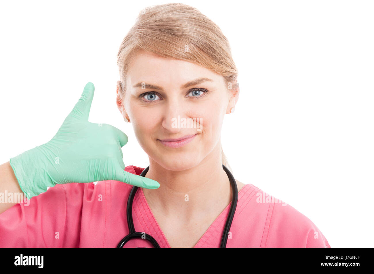 Close-up de faire un appel infirmière médicale amical geste isolé sur fond blanc avec l'espace texte copie Banque D'Images